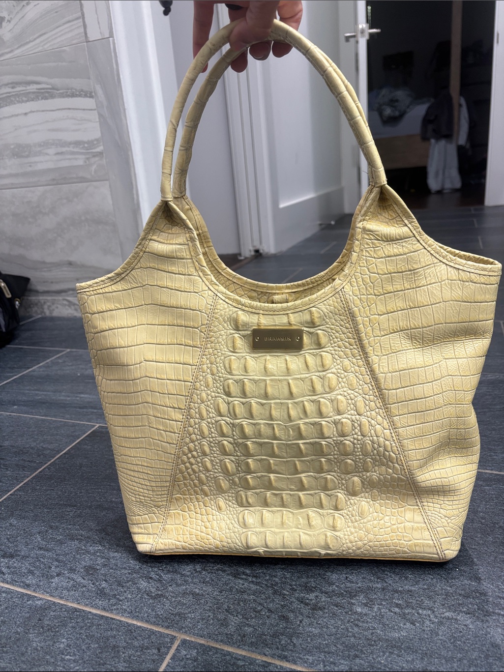 Brahmin Butter Yellow Melora Croc-Embossed Leather Tote